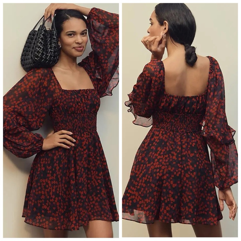Hutch Anthropologie NEW Ruffle Puff Sleeve Flounce Smocked Romper Black Red S
